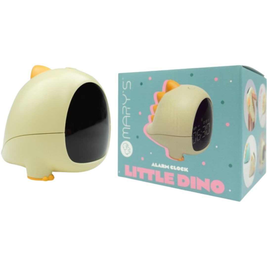 Mary's gele dino wekker naast de productverpakking.