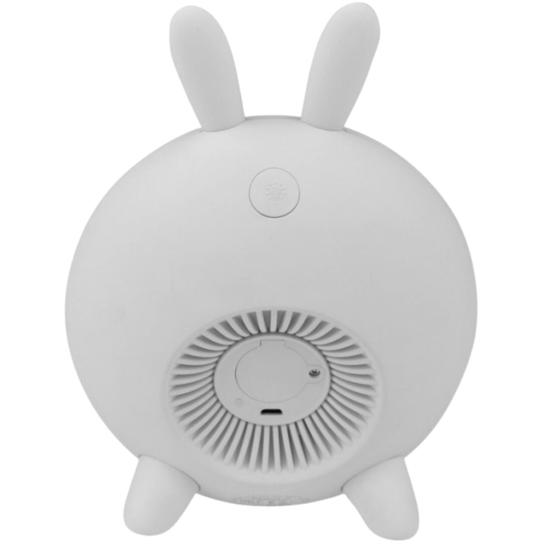 Achterkant van de witte mary's konijnenwekker met ventilatierooster en knoppen.