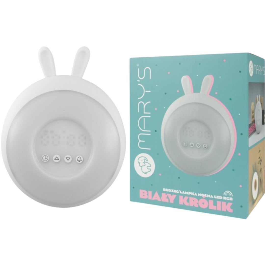 De mary's witte konijnenwekker en het bijbehorende productverpakking met merklogo.