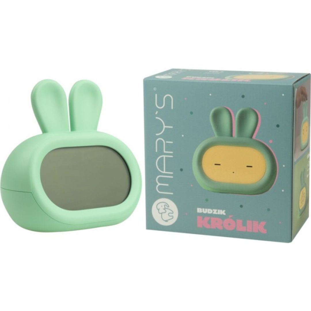 Groene konijnenwekker naast de productverpakking van mary's.