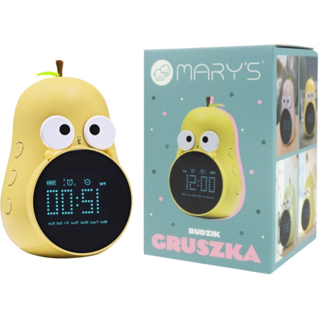 Mary's gele peer-wekker naast de productverpakking met merknaam.