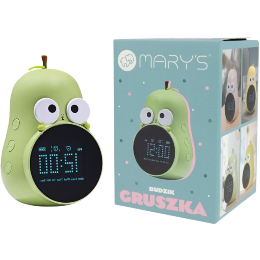 Mary's groene peer wekker naast de productverpakking.