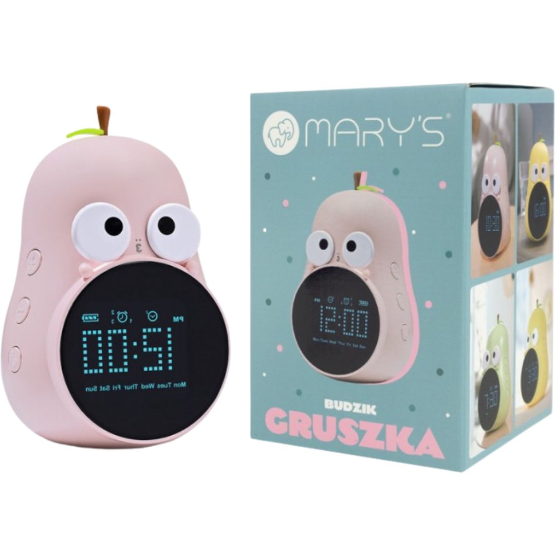 Roze mary's wekker in de vorm van een peer naast de productverpakking.