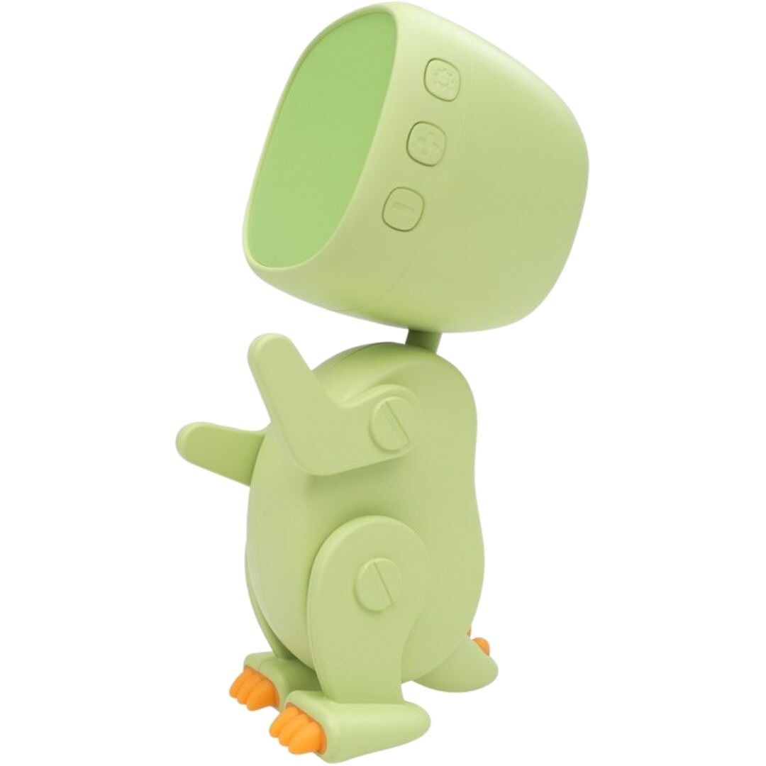 mary's groene robot dino wekker met een leeg scherm en oranje voeten.