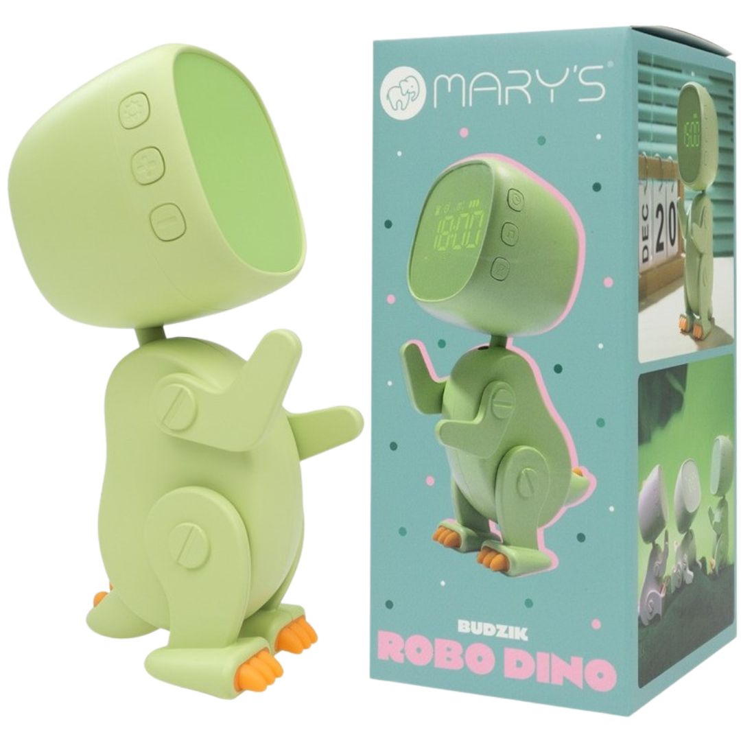 mary's groene robot dino wekker naast de productverpakking met de tekst 'ROBO DINO'.