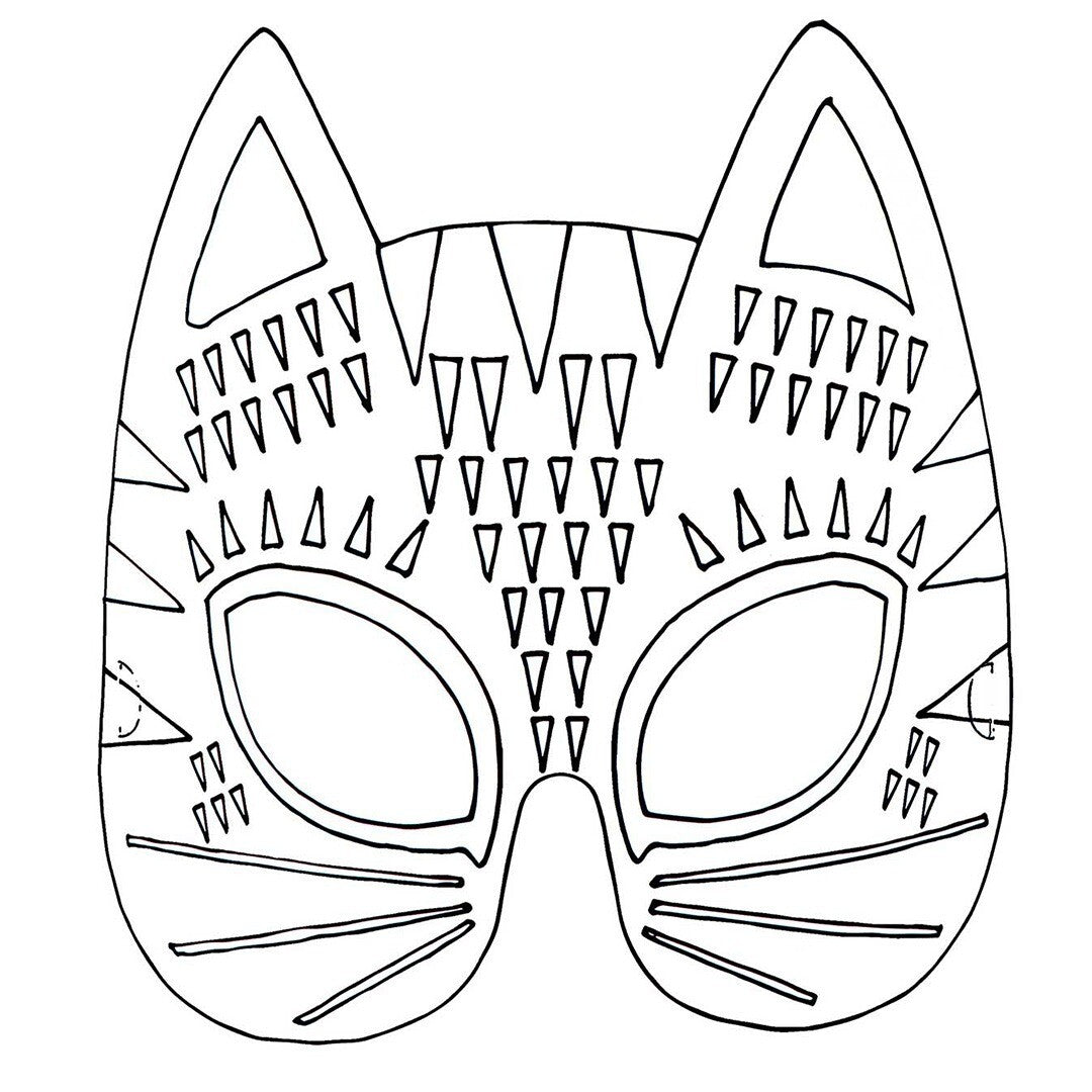 Detail van een oningekleurd Rico Design masker met kattengezicht en geometrische patronen.