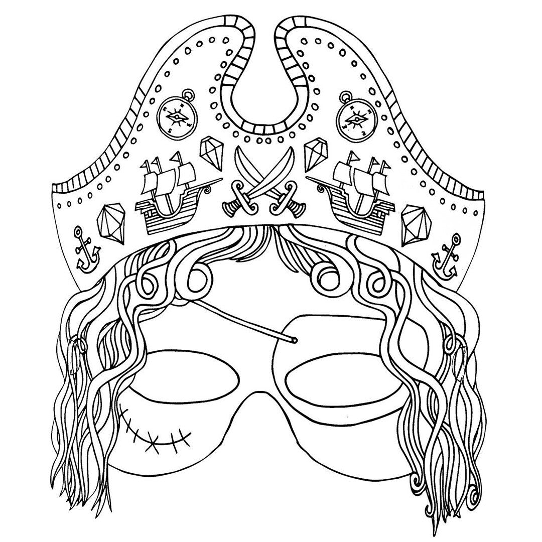 Detail van een oningekleurd Rico Design masker met piratenthema, inclusief hoed en lang haar.