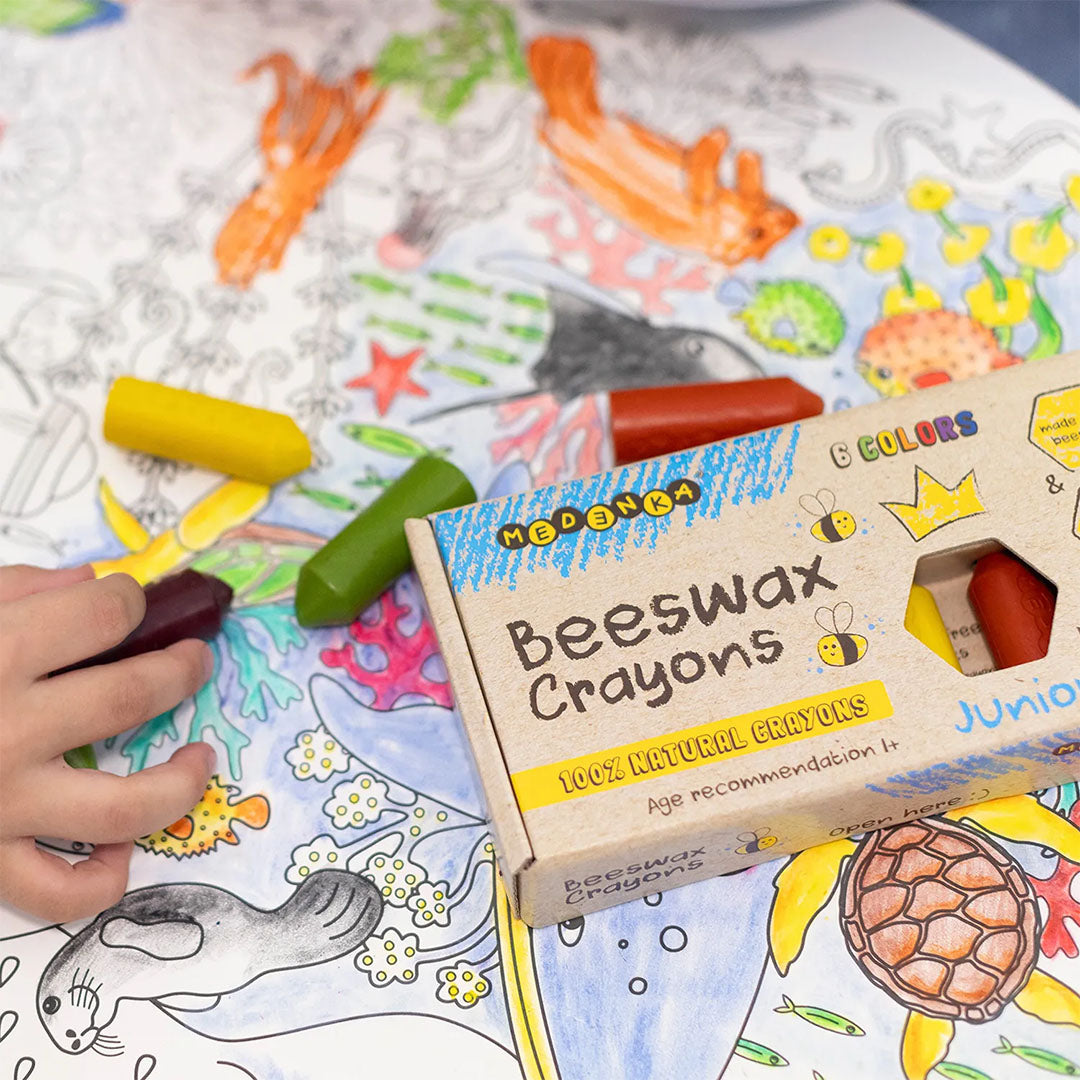 Een kind kleurt een tekening van zeedieren met een groen bijenwaskrijtje naast een open doos Medenka bijenwaskrijtjes.