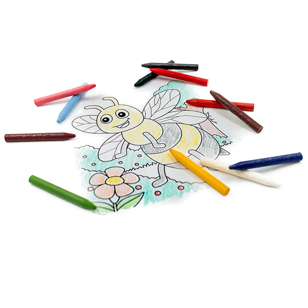 Medenka bijenwaskrijtjes liggen rondom een ingekleurde tekening van een bij en een bloem.