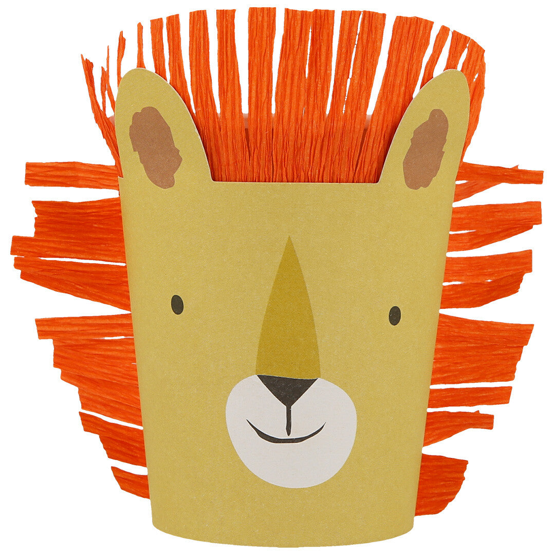 Meri meri papieren feestbeker in de vorm van een leeuwenkop met oranje manen.