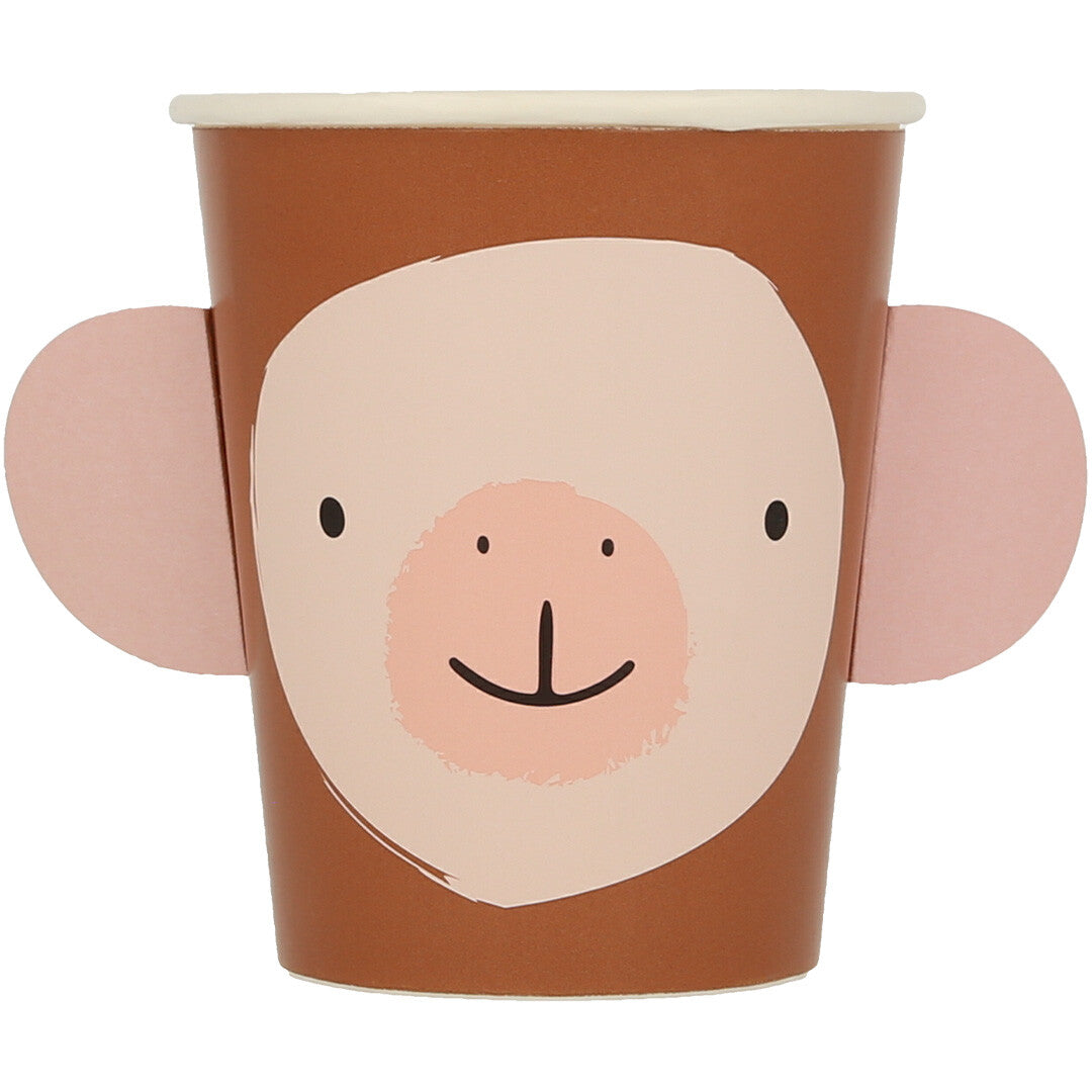 Meri meri papieren feestbeker in de vorm van een apenkop met roze oren.