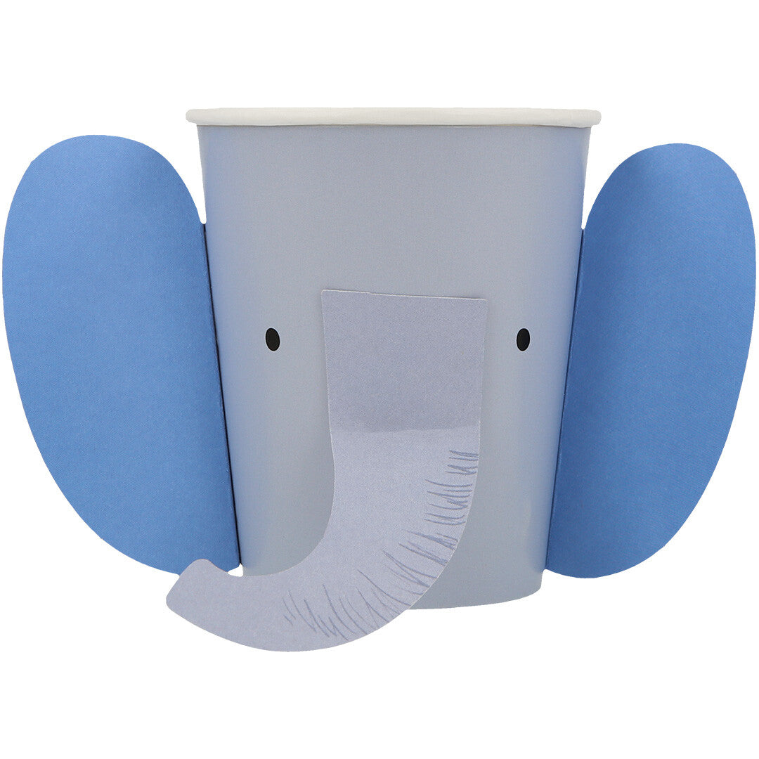 Meri meri papieren feestbeker in de vorm van een olifantenkop met blauwe oren en slurf.