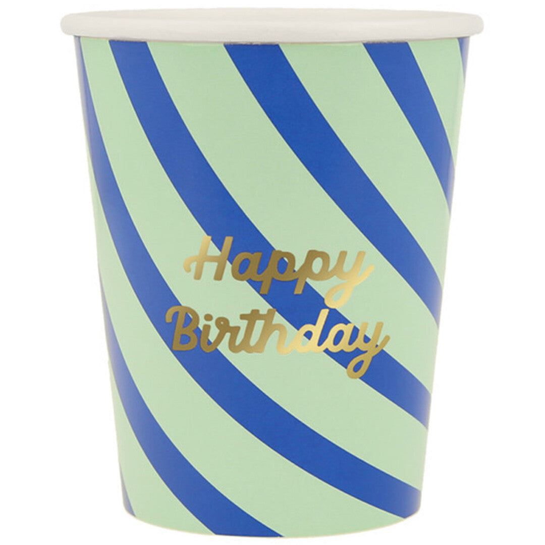 Meri Meri papieren verjaardagsbeker met lichtgroene en blauwe diagonale strepen en 'Happy Birthday' tekst.