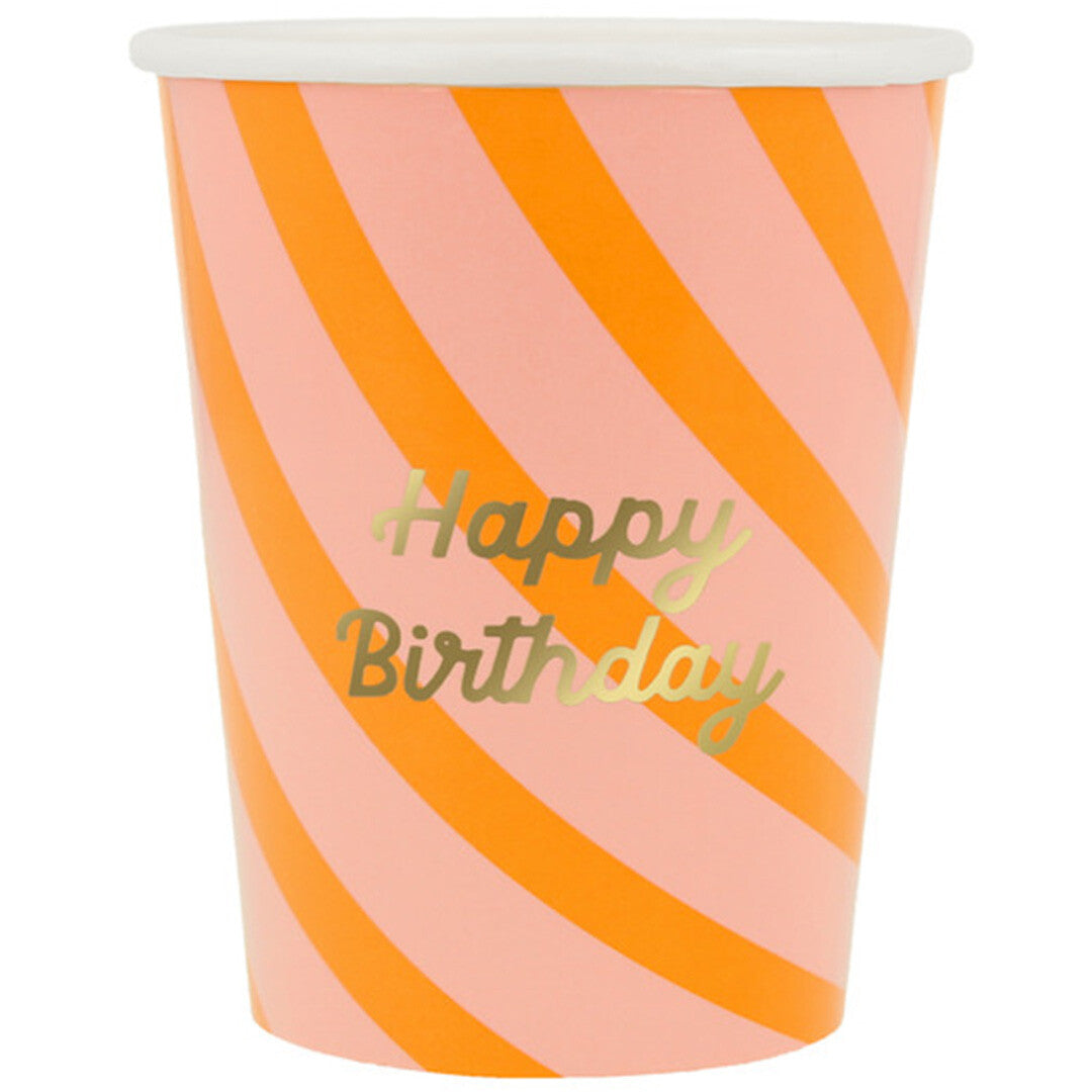 Meri Meri papieren verjaardagsbeker met lichtroze en oranje diagonale strepen en 'Happy Birthday' tekst.