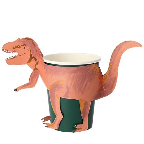 Meri Meri papieren beker met een bruine T-Rex dinosaurus.