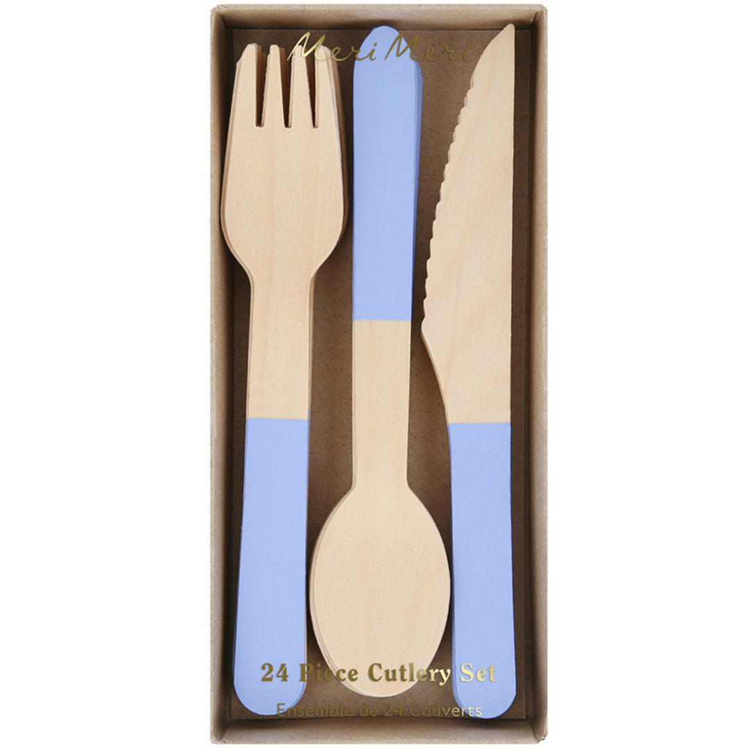 De verpakking van de Meri Meri 24-delige houten bestekset met blauwe handvatten.
