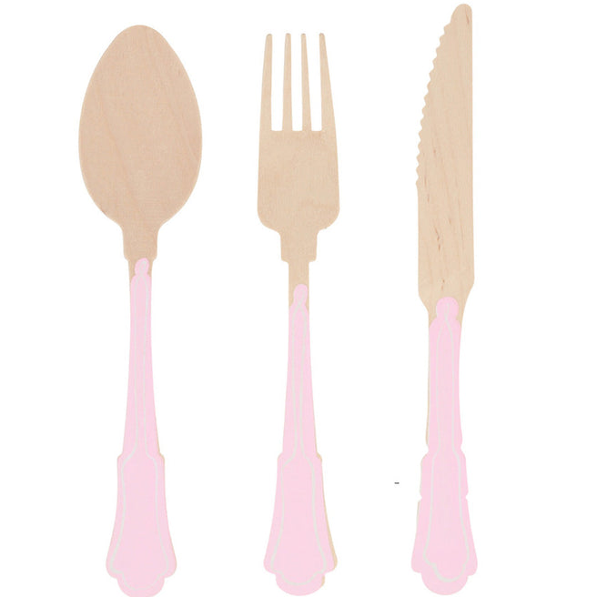 Meri Meri houten bestekset met roze handvatten, bestaande uit een lepel, vork en mes.