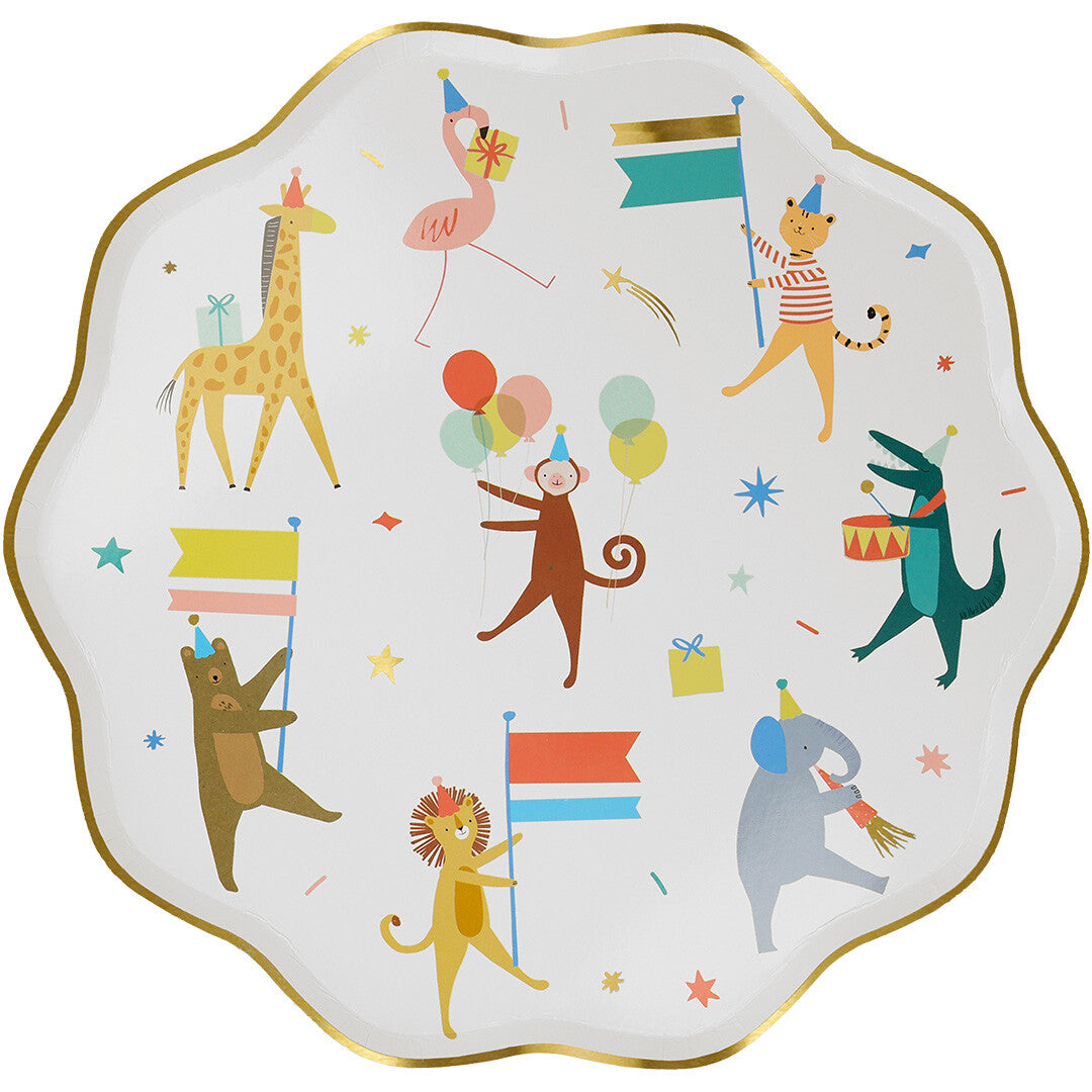 Meri Meri papieren feestbord met een illustratie van diverse feestende dieren zoals een giraffe, aap en olifant.