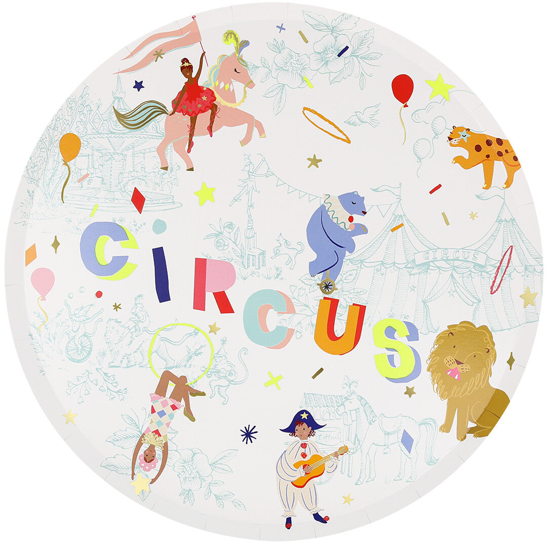 Meri Meri rond bord met kleurrijke circusfiguren, dieren en de tekst 'Circus'.