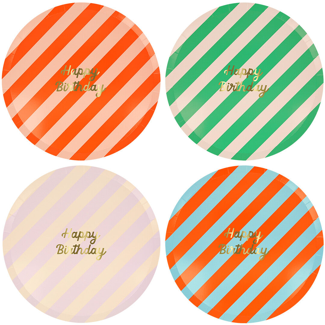 Meri Meri papieren verjaardagsborden met gestreepte patronen in verschillende kleuren en de tekst 'Happy Birthday'.