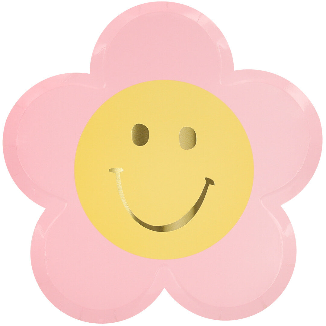 Meri Meri roze papieren feestbordje in de vorm van een bloem met een gele smiley.