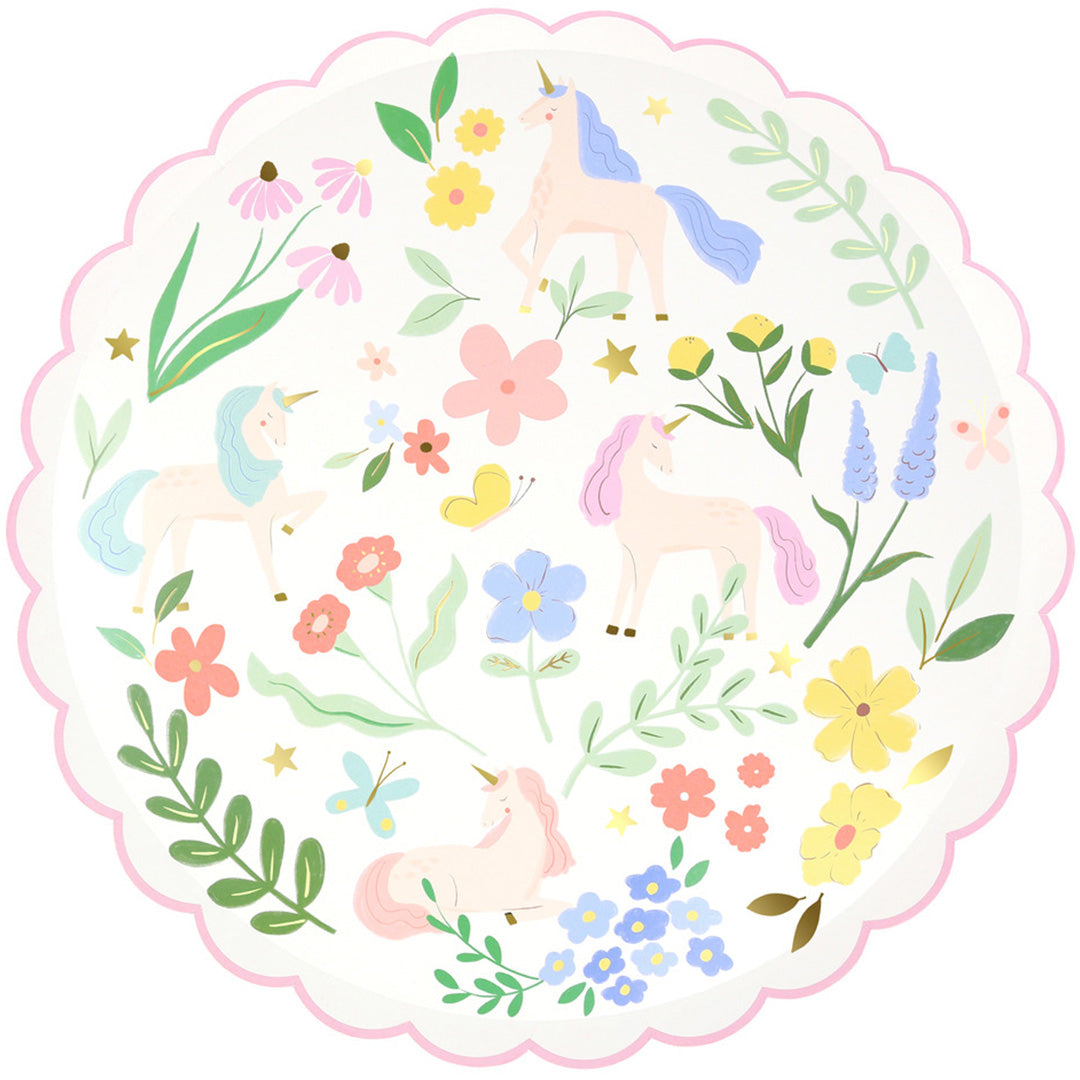 Rond Meri Meri feestbord met eenhoorns, bloemen en vlinders.