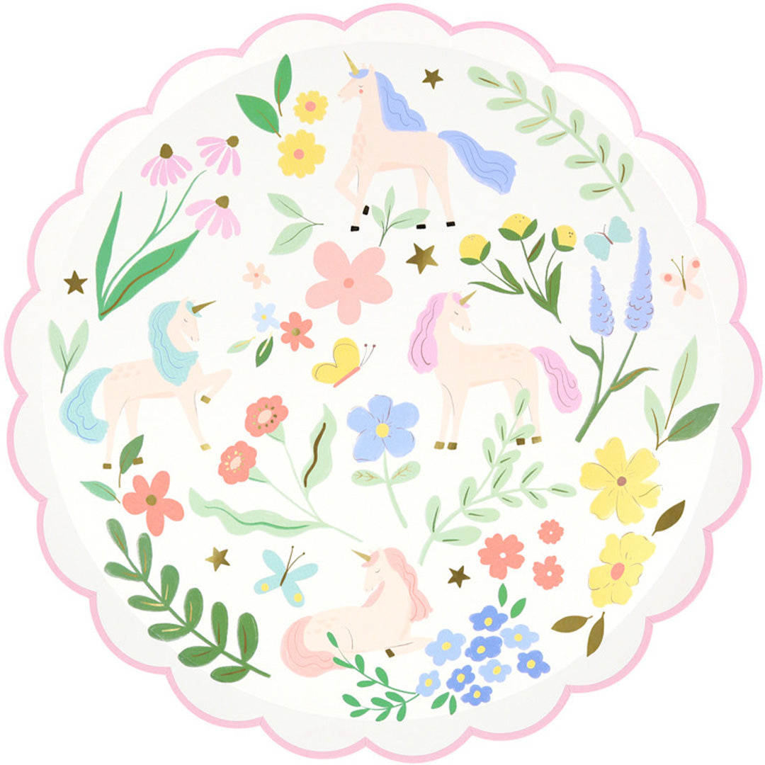 Meri Meri speelgoed servies bord met eenhoorns, bloemen en vlinders.