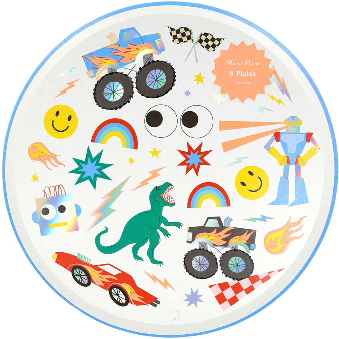 Rond Meri Meri bord met kleurrijke illustraties van monster trucks, een dinosaurus, robots, regenbogen en sterren.