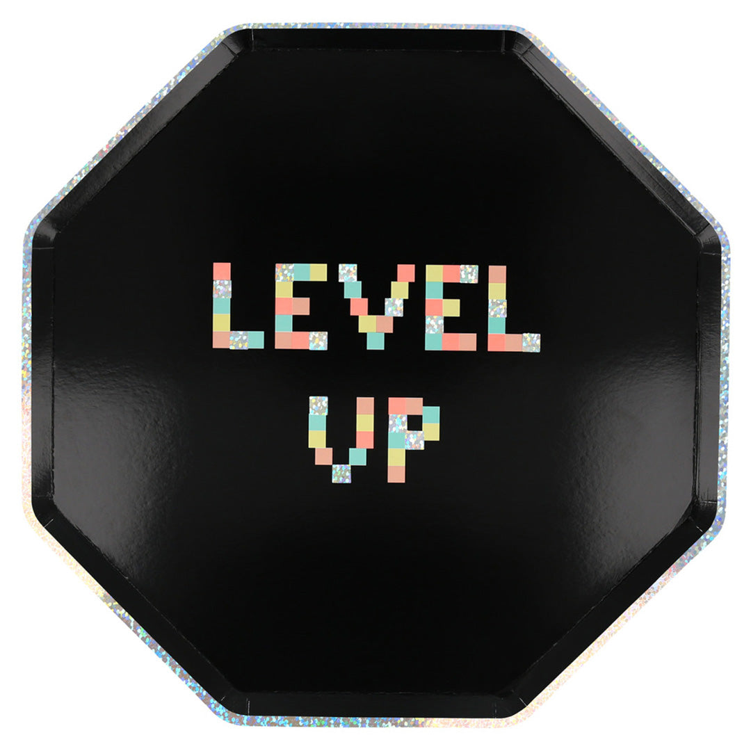 Meri Meri achthoekig zwart bord met pixeltekst 'LEVEL UP' en holografische rand.