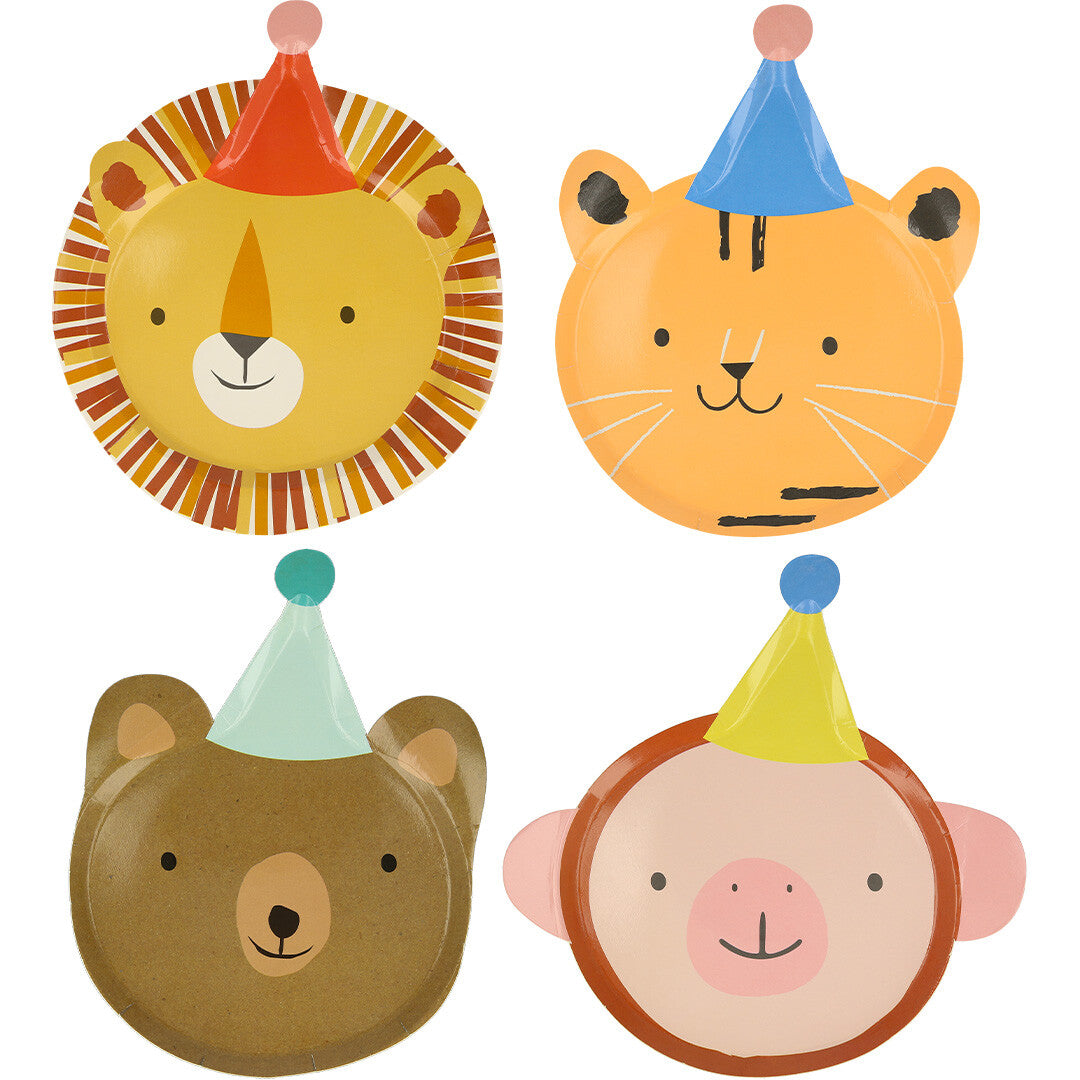 Meri Meri feestbordjes met vier verschillende dierenkoppen: leeuw, tijger, beer en aap, allemaal met feesthoedjes.