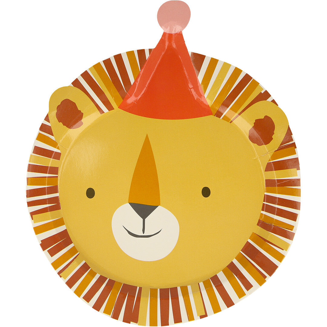 Meri Meri feestbordje in de vorm van een leeuwenkop met een oranje feesthoedje.