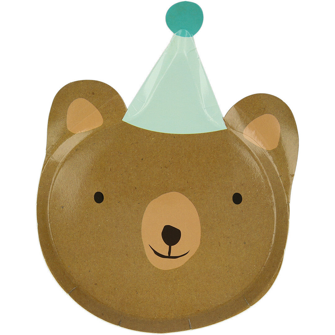 Meri Meri feestbordje in de vorm van een berenkop met een lichtblauw feesthoedje.