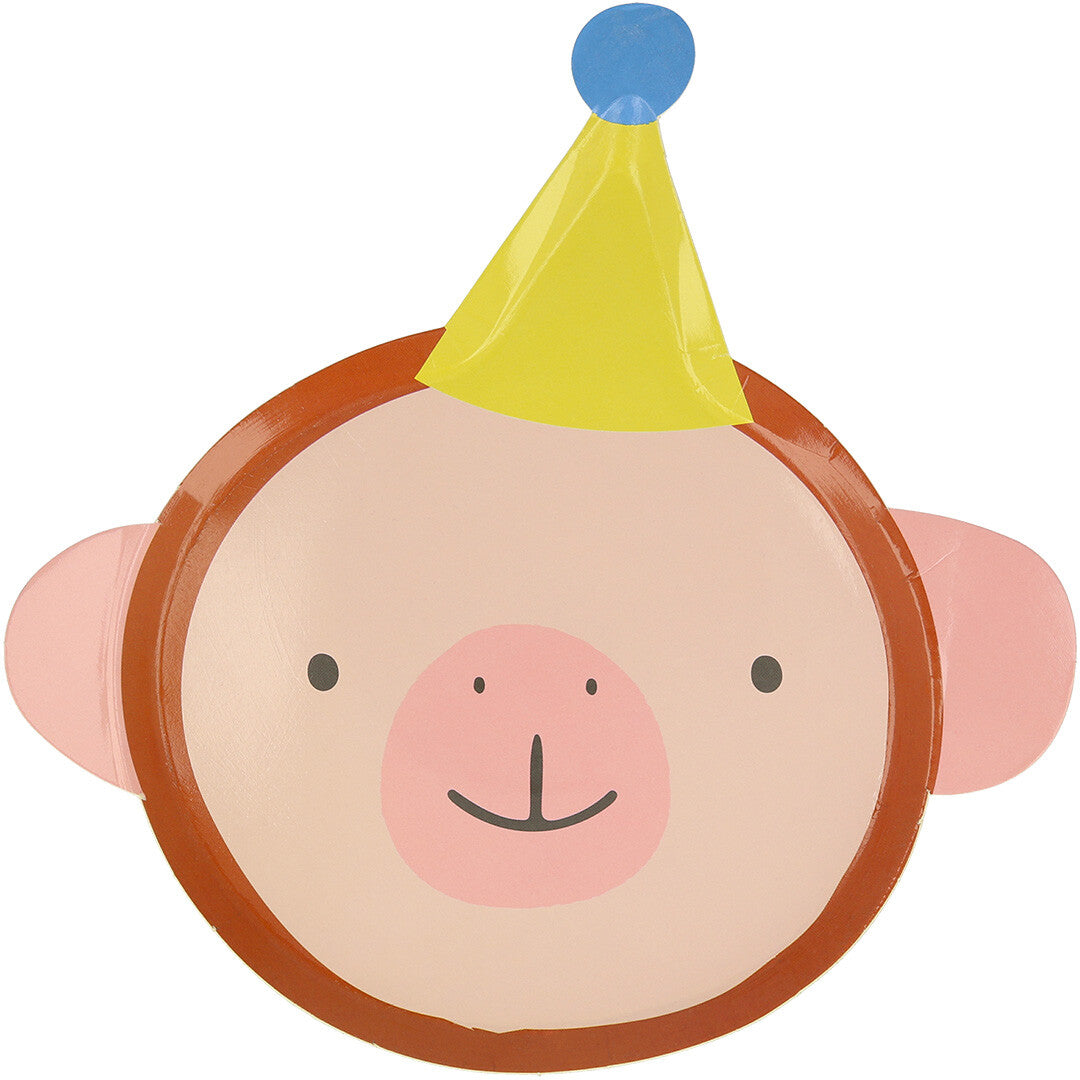 Meri Meri feestbordje in de vorm van een apenkop met een geel feesthoedje.
