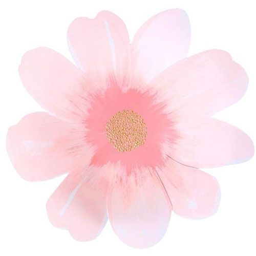 Een roze Meri Meri bloemvormig bordje met gouden stippen in het midden.