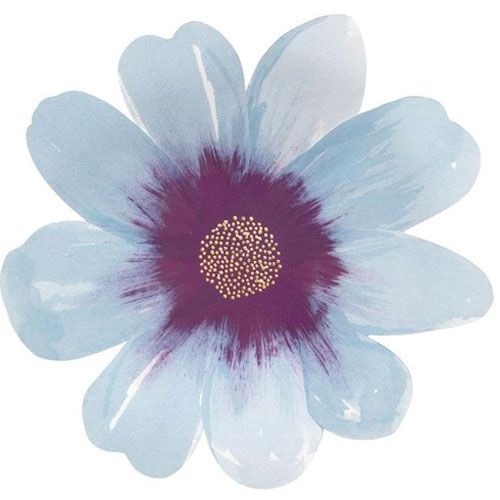 Een blauw Meri Meri bloemvormig bordje met een paars hart.