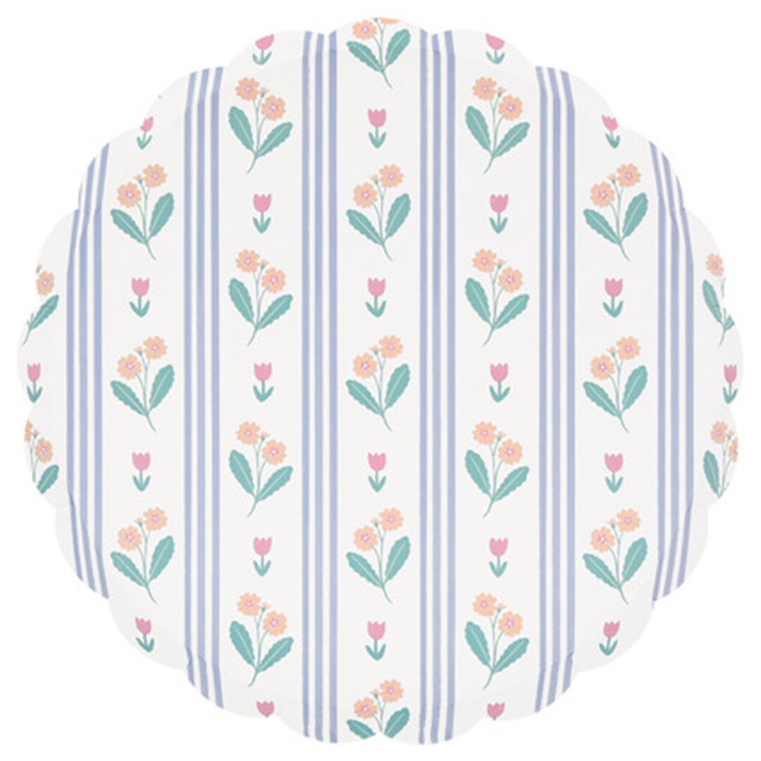 Meri meri papieren bordje met blauwe strepen en oranje en roze bloemen.