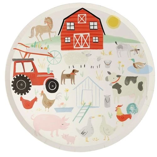 Meri Meri papieren bordje met een boerderijthema, inclusief een schuur, tractor en diverse boerderijdieren.