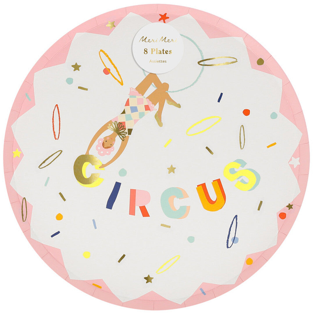 Meri Meri papieren feestbordje met een acrobatische figuur en de tekst 'CIRCUS', inclusief verpakkingsinformatie.
