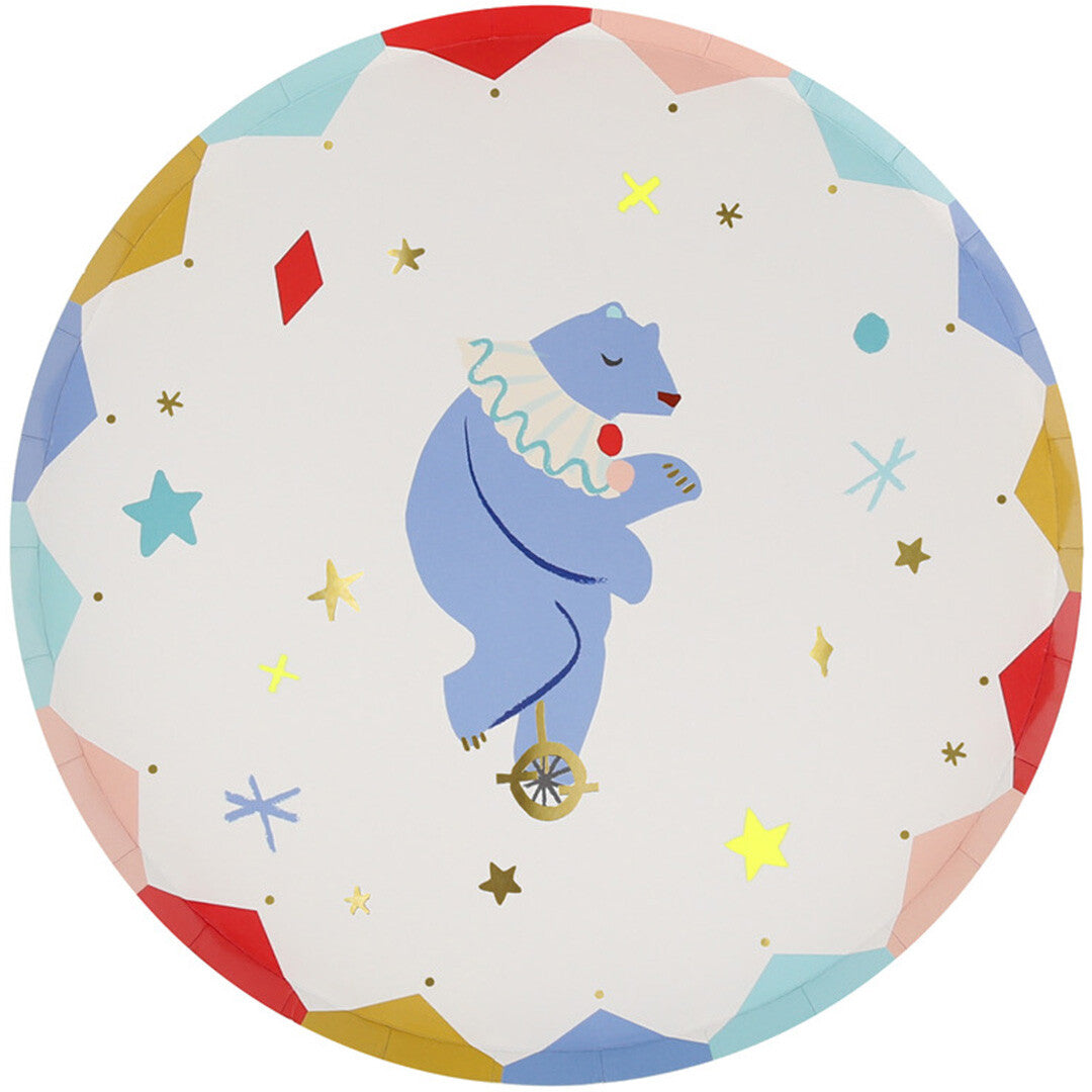 Meri Meri papieren feestbordje met een blauwe circusbeer op een eenwieler.