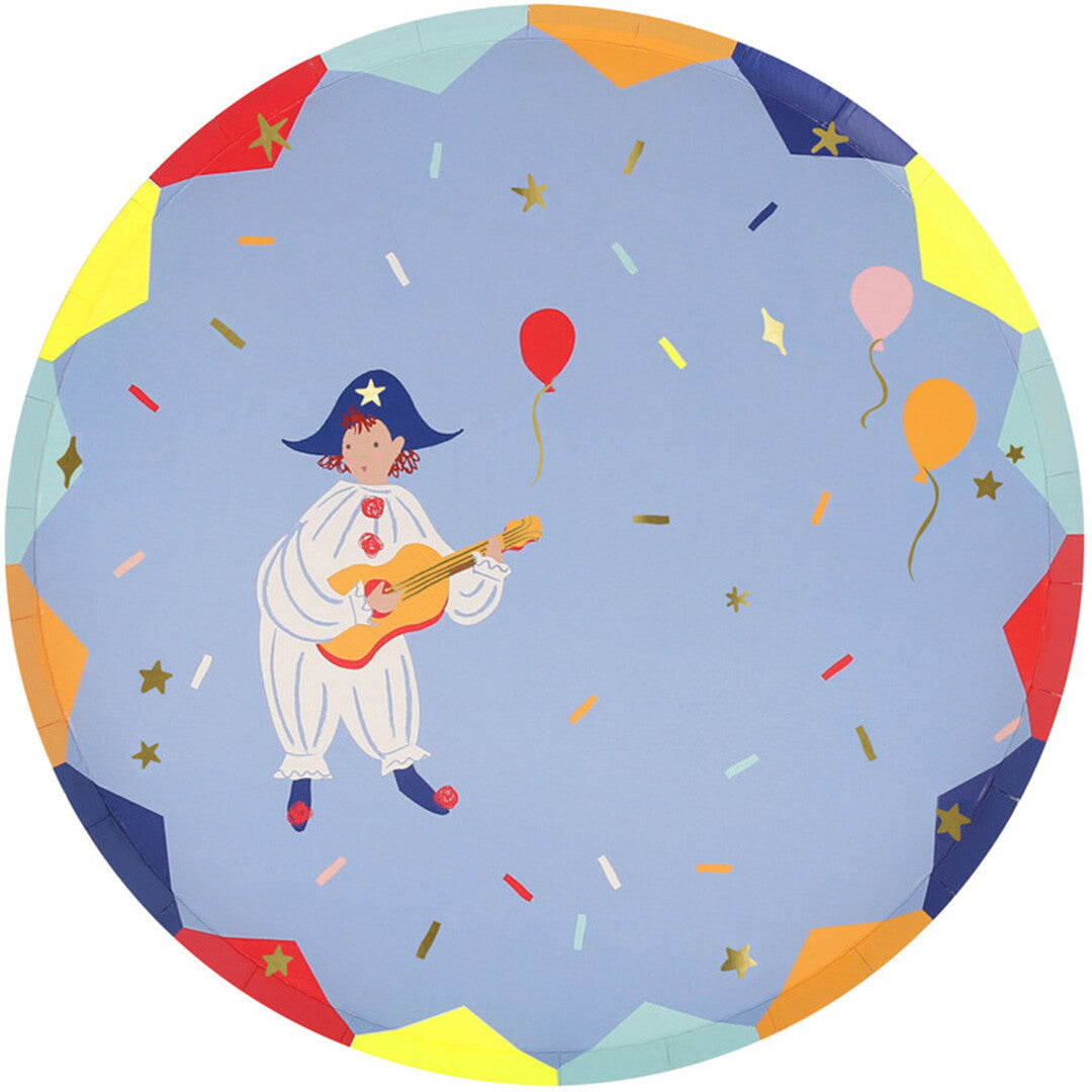 Meri Meri papieren feestbordje met een clown die gitaar speelt.