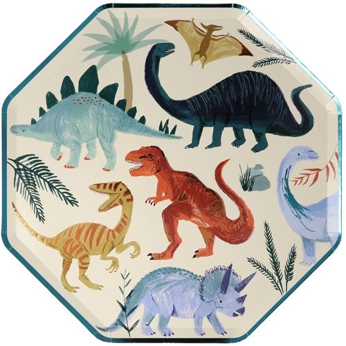 Een achthoekig meri meri bordje met een beige achtergrond en kleurrijke illustraties van verschillende dinosaurussen en bladeren.