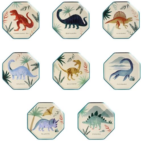 Collectie van acht meri meri papieren feestbordjes met verschillende dinosaurusillustraties.