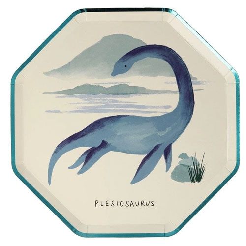 Meri meri papieren feestbordje met een blauwe Plesiosaurus.