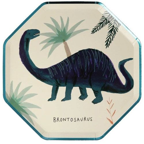 Meri meri papieren feestbordje met een donkerblauwe Brontosaurus.