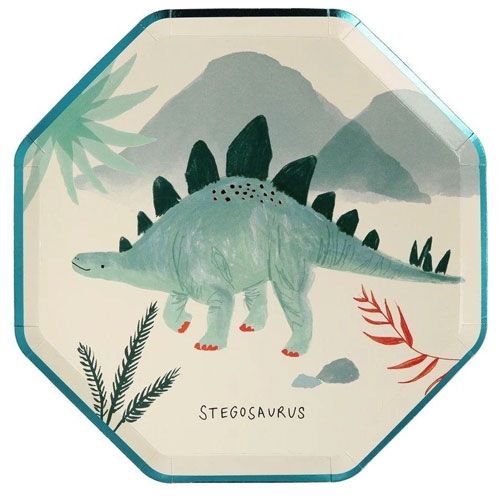 Meri meri papieren feestbordje met een lichtblauwe Stegosaurus.