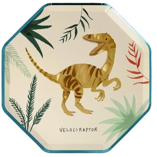 Meri meri papieren feestbordje met een bruine Velociraptor.