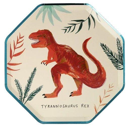 Meri meri papieren feestbordje met een rode Tyrannosaurus Rex.