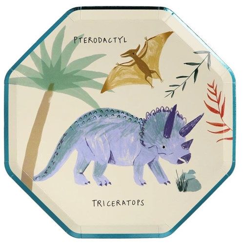 Meri meri papieren feestbordje met een lichtblauwe Triceratops en een bruine Pterodactylus.