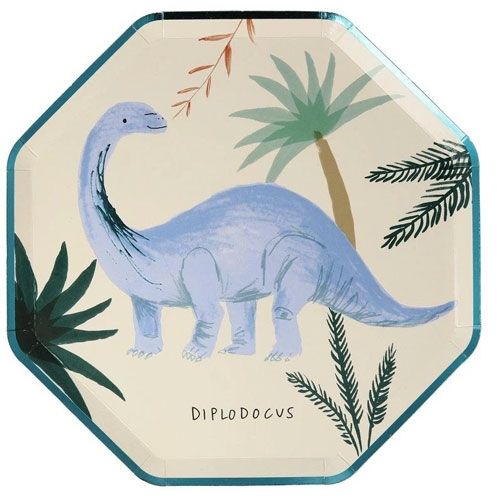 Meri meri papieren feestbordje met een lichtblauwe Diplodocus.