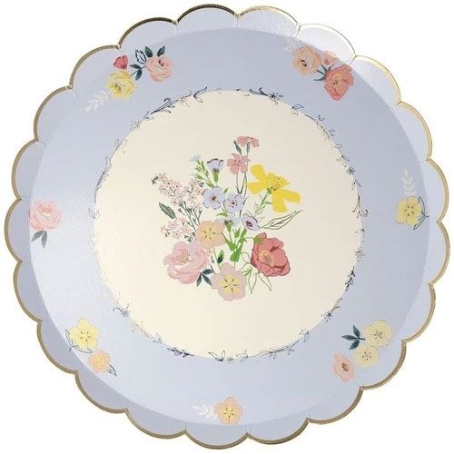Meri Meri papieren feestbordje met een lichtblauwe rand en een centraal boeket bloemen.